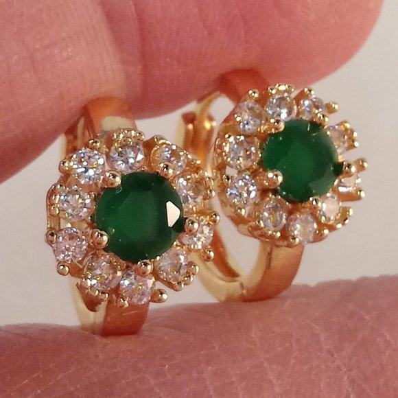 18K Yellow Gold Filled Flower Jade Green Diamond Zircon Hoop Huggie Earrings - Picture 6 of 6